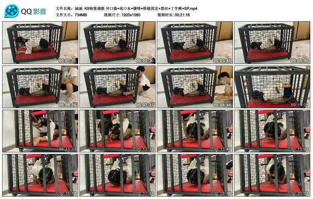 【涵涵】K9狗笼调教 开口器+流口水+镣铐+铁链固定+黑丝+丁字裤+SP
